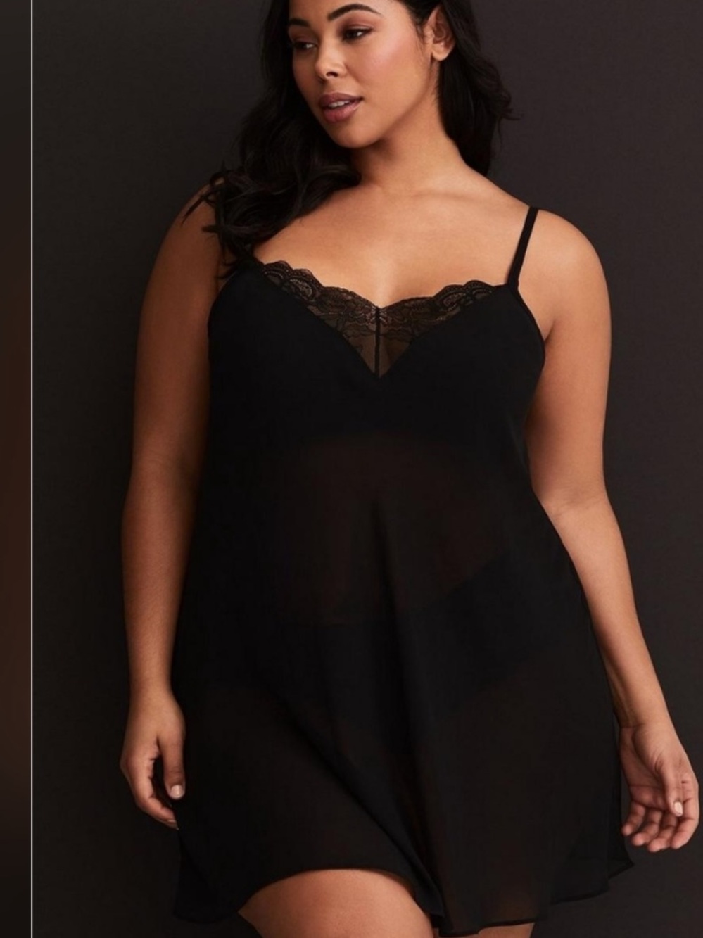 Torrid Black Semi Sheer Chiffon and Lace Trimmed Slip Nightie Size 1X.